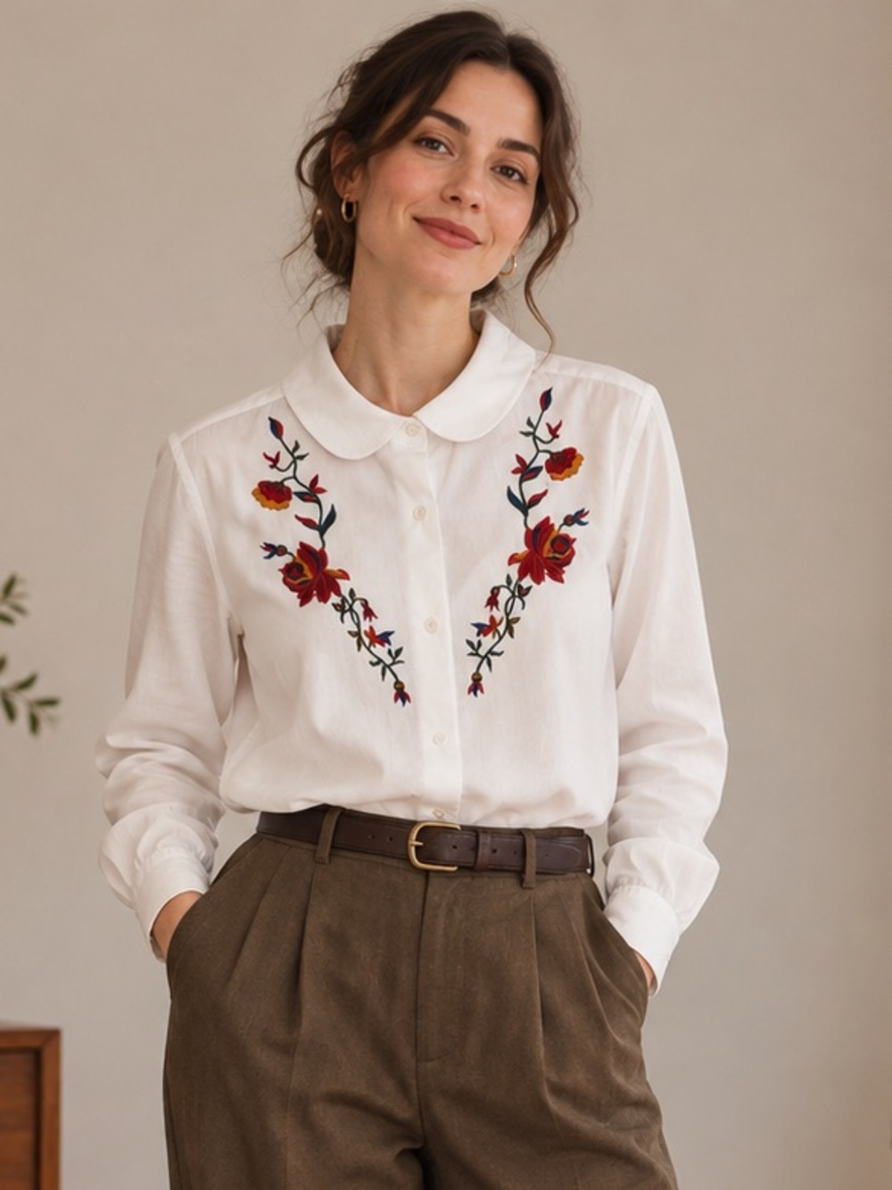 Vintage White Embroidered Floral Button-Up Top Sz 10